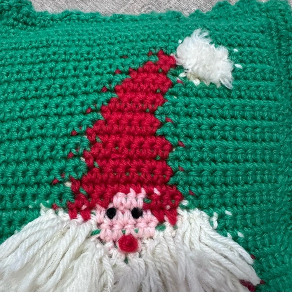 Vintage Green and Red Santa Crochet Pillow Christmas Holiday Decor